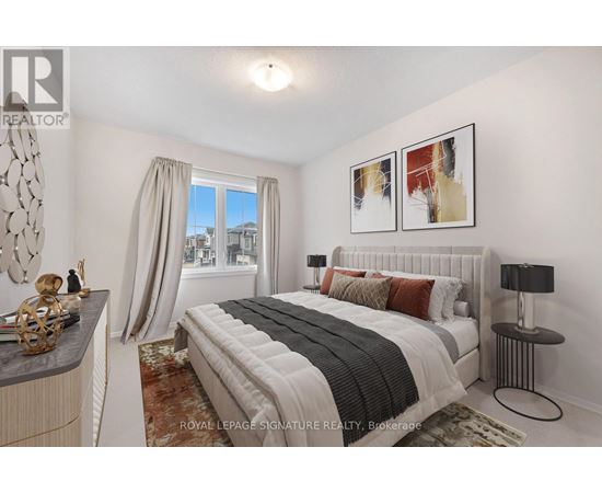 A bedroom with a large bed and a view of the city.