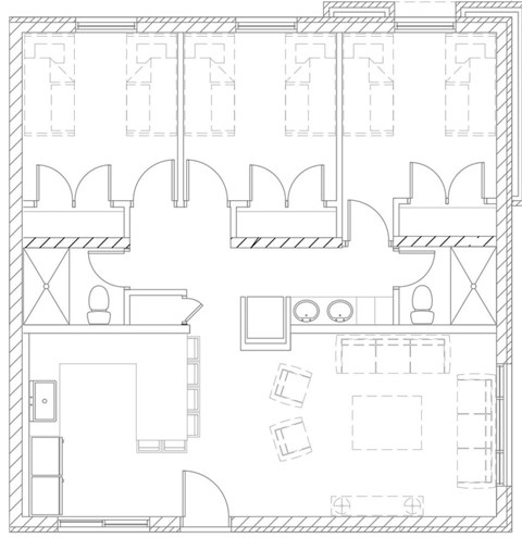 A black and white architectural floor plan shows a building with multiple rooms and corridors.