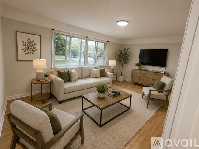 A living room with a white couch, a coffee table, and a flat screen TV.
