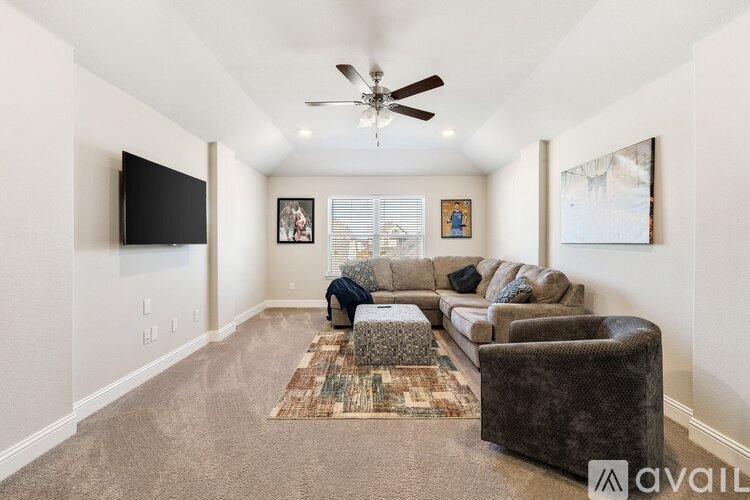 A living room with a couch, a rug, and a television.