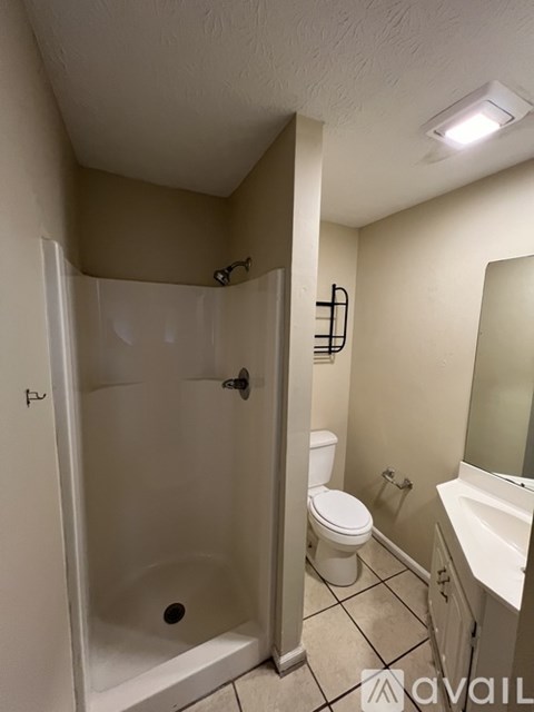 A bathroom with a toilet, sink, and shower.