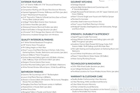 A document with a list of exterior features, gourmet kitchen features, and bathroom finishes.