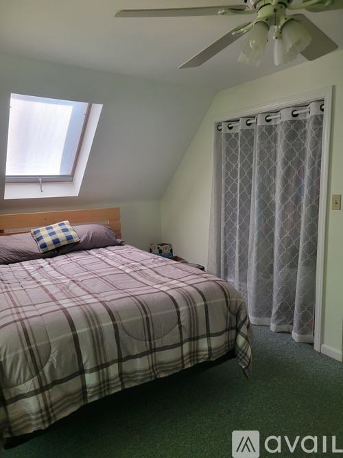 A bedroom with a bed, a window, and a ceiling fan.
