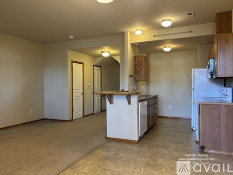 A kitchen area with a counter and cabinets.