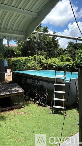 A ladder is leaning against a pool in a backyard.