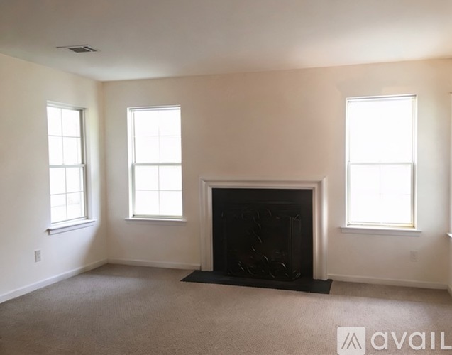 A living room with a fireplace and two windows.