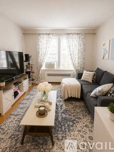 A living room with a grey couch, a coffee table, and a television.