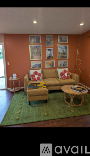A living room with orange walls and a green rug.