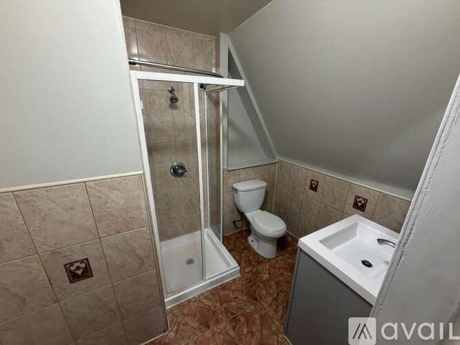A bathroom with a toilet, sink, and walk-in shower.