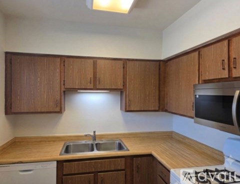 A kitchen with wooden cabinets and a white dishwasher.