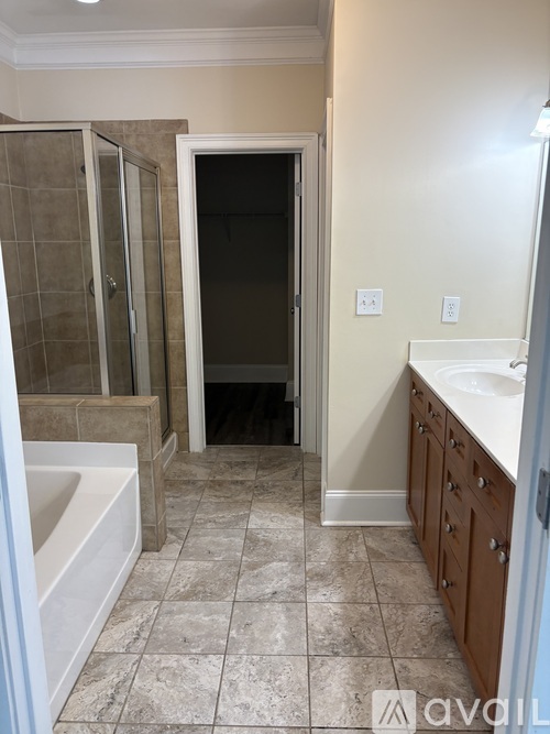 A bathroom with a walk-in shower and a sink.
