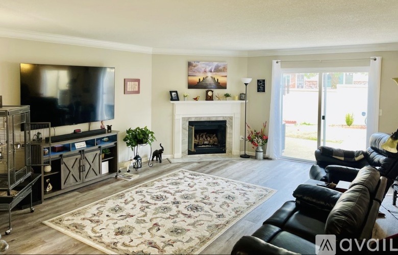 A living room with a fireplace and a television.