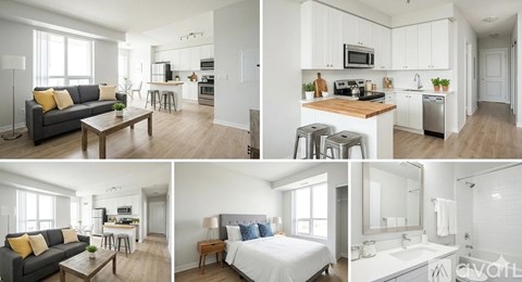 A series of images showcasing a modern, well-lit, and spacious apartment with a kitchen, living room, and bedroom.