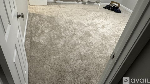 A room with a carpeted floor and a door on the left side.
