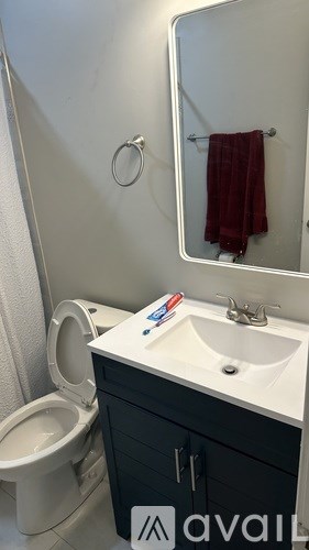 A bathroom with a toilet, sink, and mirror.