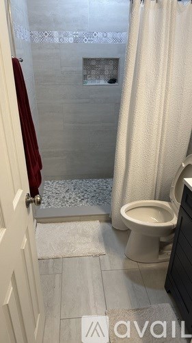 A bathroom with a toilet, a shower curtain and a door.