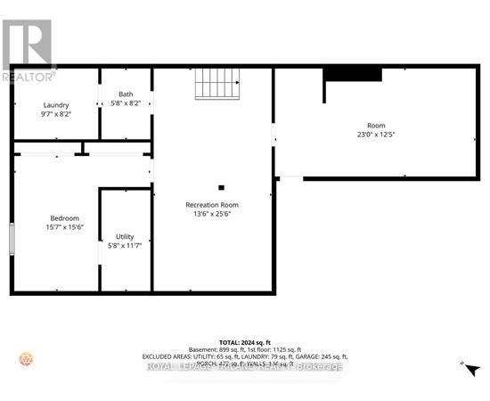 A floor plan of a house with a laundry room, bathroom, bedroom, utility room, recreation room, and a room with unspecified use.