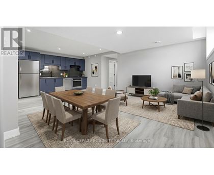 A modern dining room with a wooden table and chairs.