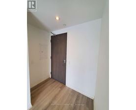 A room with a wooden floor and a brown door.