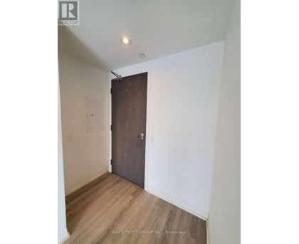 A room with a wooden floor and a brown door.