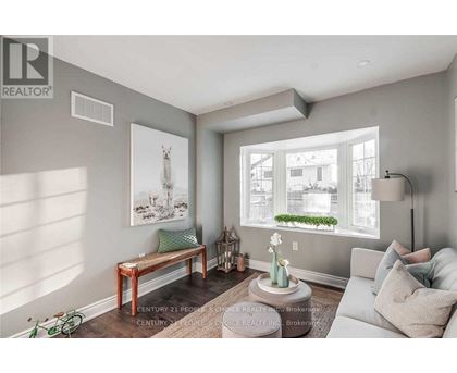 A living room with a grey couch, a wooden bench, and a painting of a deer on the wall.