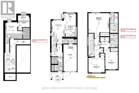 Three floor plans for a house with a living room, bedrooms, and a laundry room.