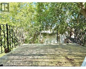 A wooden bridge with metal railings leads through a grove of trees.