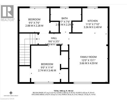 A floor plan for a home with a total area of 199 square meters.
