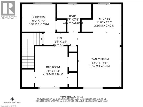A floor plan for a home with a total area of 199 square meters.