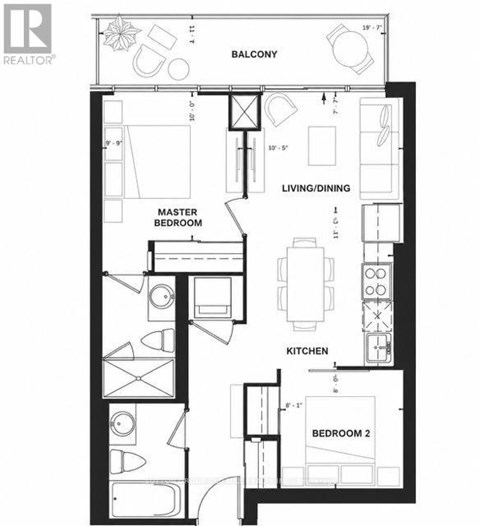 A black and white image of a floor plan for a home with a living room, kitchen, two bedrooms, and a balcony.