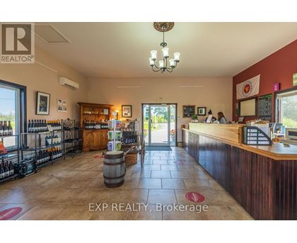 The interior of a realty brokerage office with a bar area.
