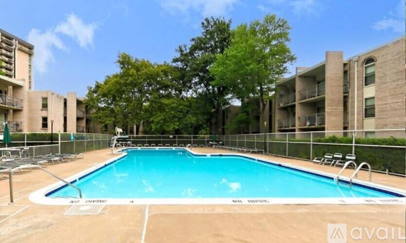 A large swimming pool surrounded by a fence and trees.