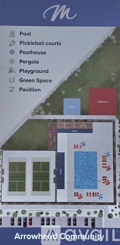 A brochure for Arrowhead Community with a pool, pickleball courts, playground, green space, and pavilion.