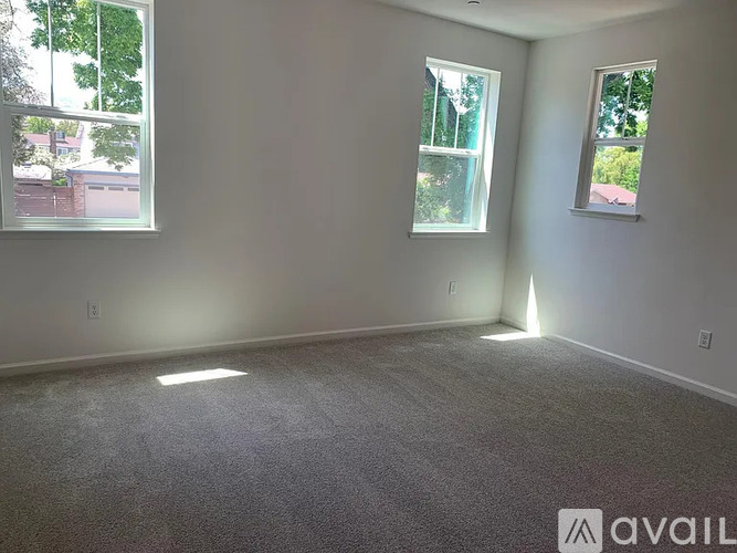 A room with two windows and a carpeted floor.