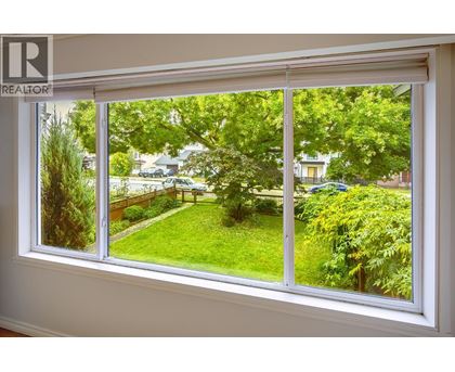 A window with a view of a green lawn and trees.