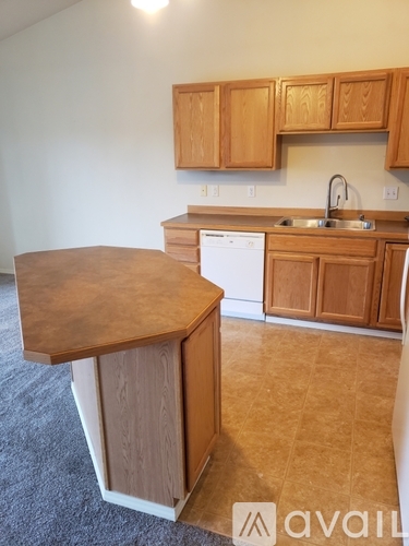 A kitchen with wooden cabinets and a washer and dryer.