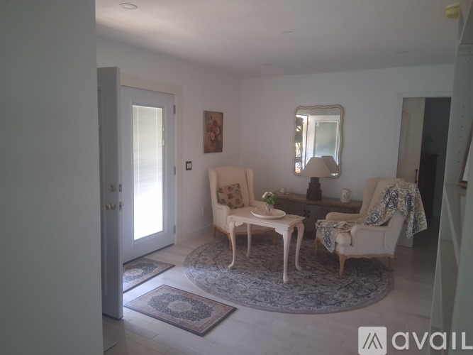 A living room with a white chair and a grey rug.