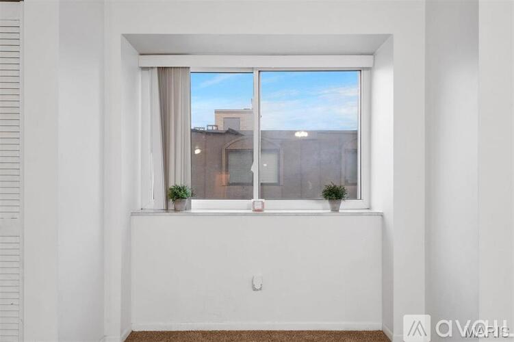 A white room with a window and a small plant on the windowsill.