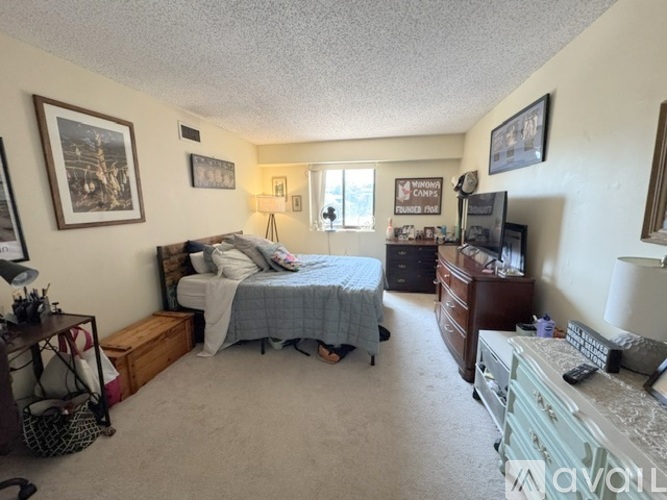 A bedroom with a bed, dresser, and mirror.