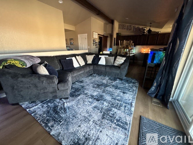 A living room with a grey couch and a blue rug.