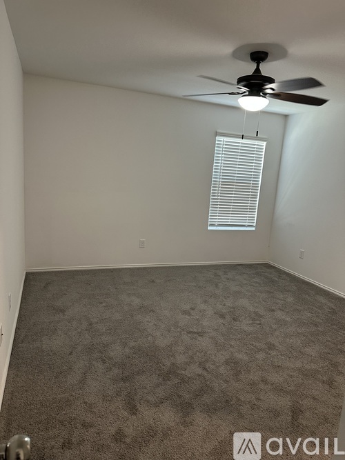 A room with a ceiling fan and carpeted floor.