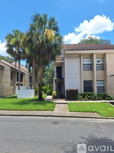 A palm tree stands in front of a two-story apartment building.