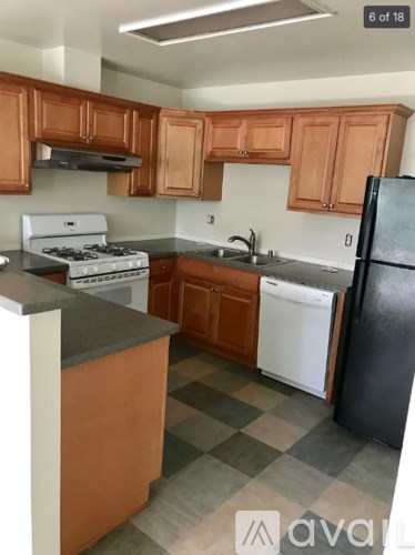 A kitchen with a black fridge and white dishwasher.