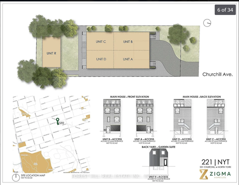 A map shows the layout of a site with a main house, back elevation, and front elevation.