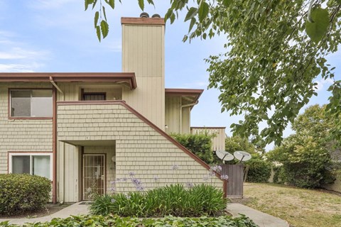 A house with a red roof and a chimney is surrounded by greenery.