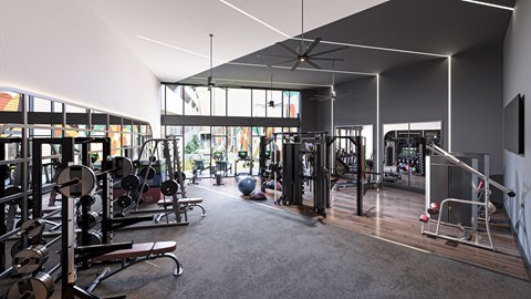 A gym with a variety of equipment including weights and cardio machines.