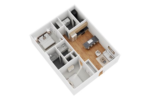A 3D floor plan of a house with multiple rooms.