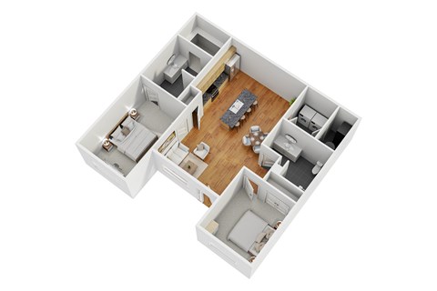 A white floor plan of a house with a kitchen, living room, and two bedrooms.