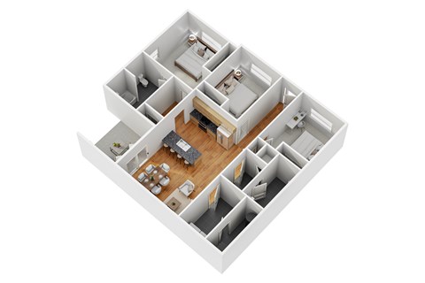 A 3D floor plan of a house with multiple rooms.