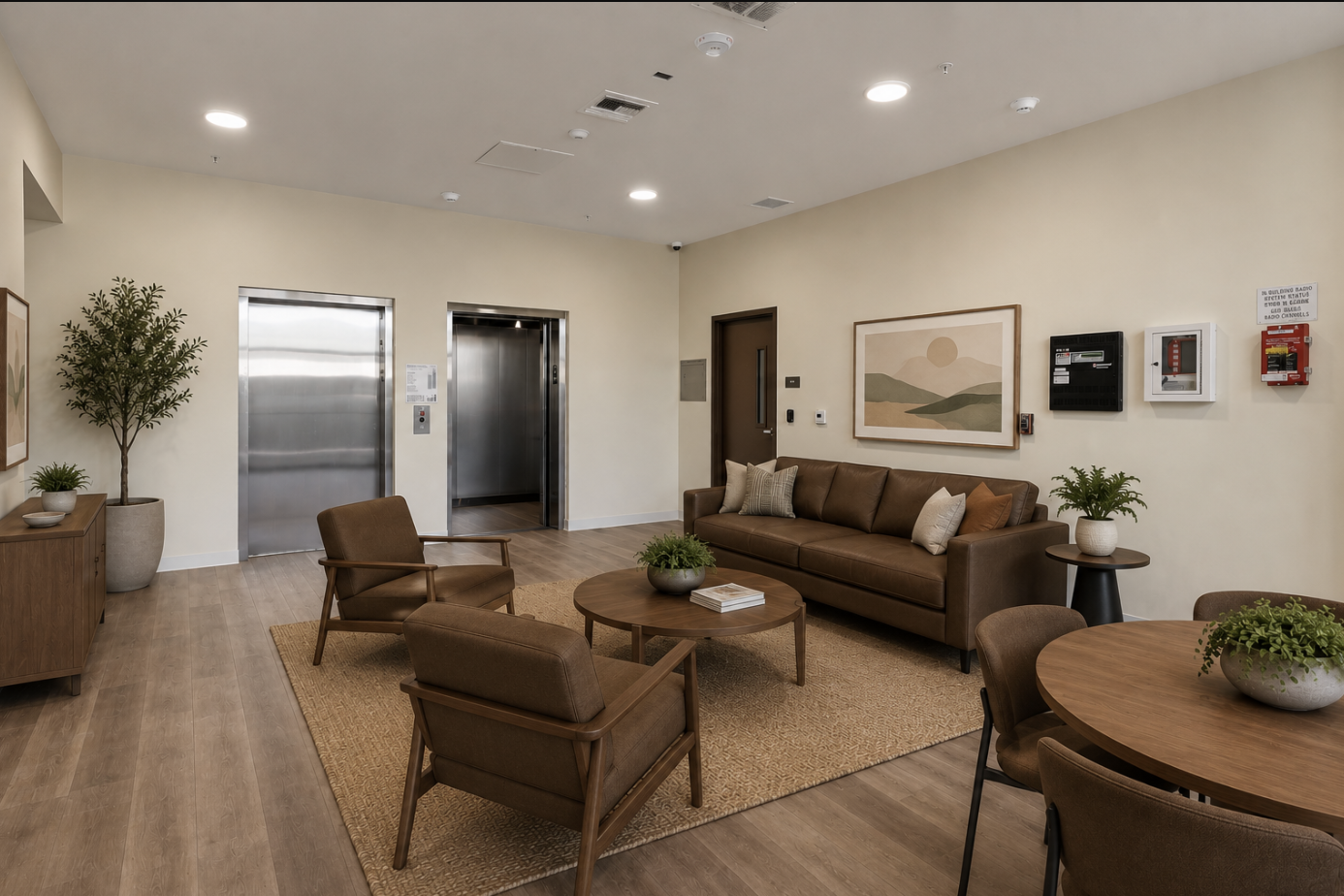 A living room with brown furniture and a tree.